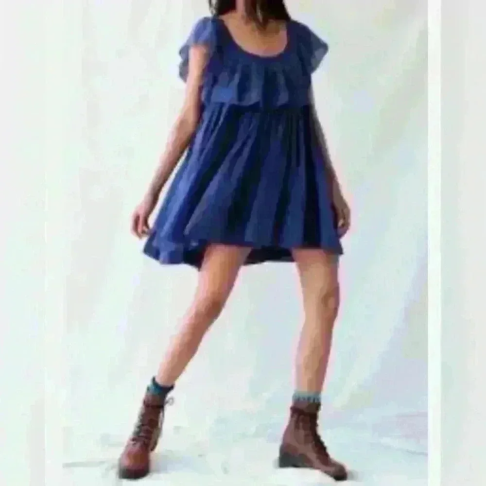 Free People Women's Hailey Cotton Ruffle Short Sleeve Mini Dress Navy M $148 NWT - Picture 9 of 12